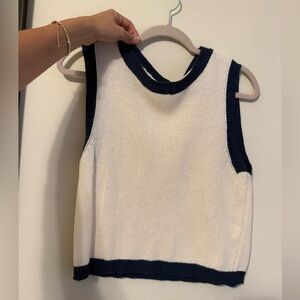 Cream Knit Sleeveless Sweater Vest with Navy Trim